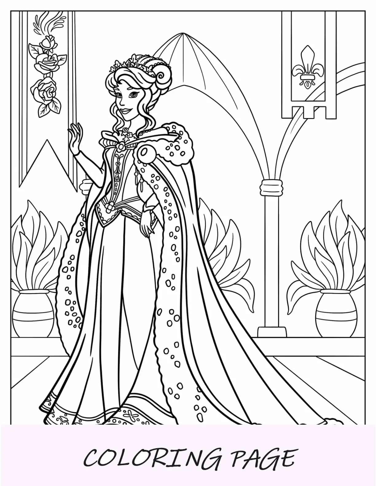 Página para colorir da princesa Cinderela dentro do castelo