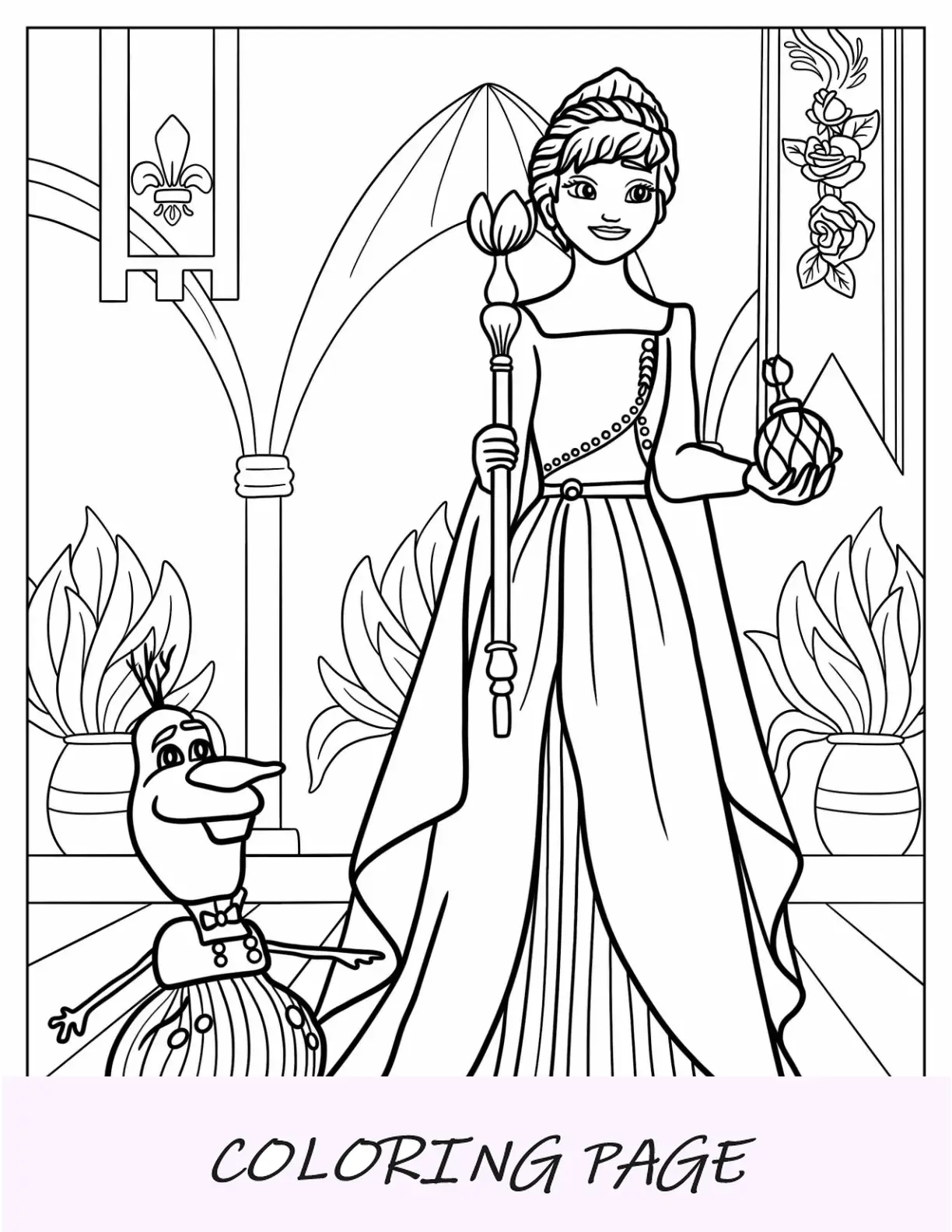 Dibujo para colorear de la reina Anna en la coronación con Olaf