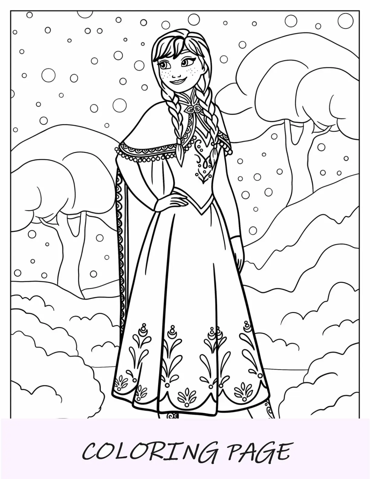 Página detallada de Anna en invierno para colorear