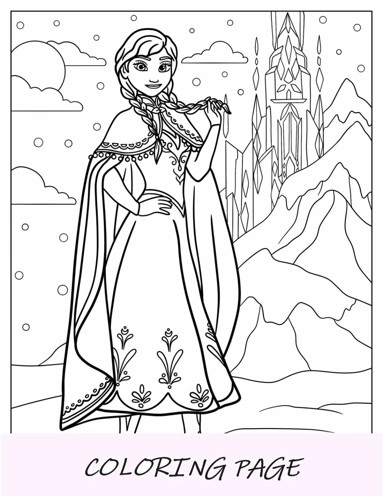 Anna parada frente al castillo de invierno de Elsa para colorear