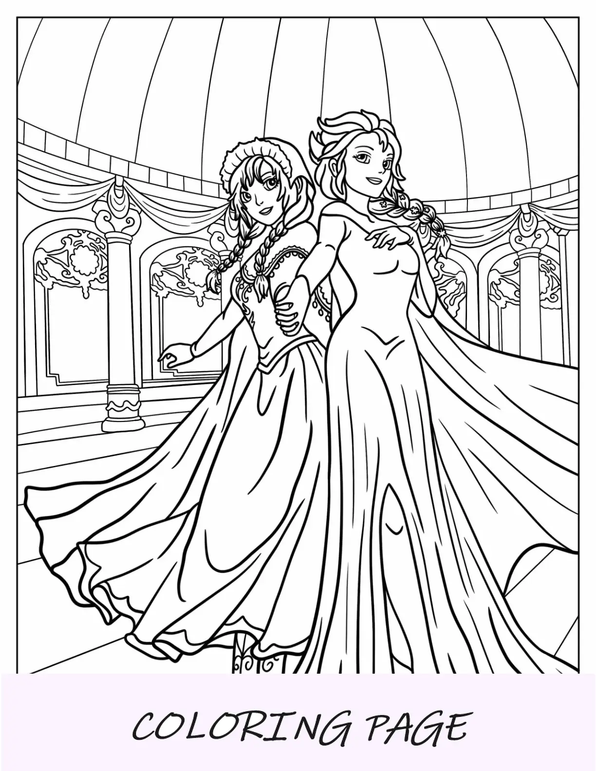 Anna y Elsa tomados de la mano en el salón de baile Hoja para colorear