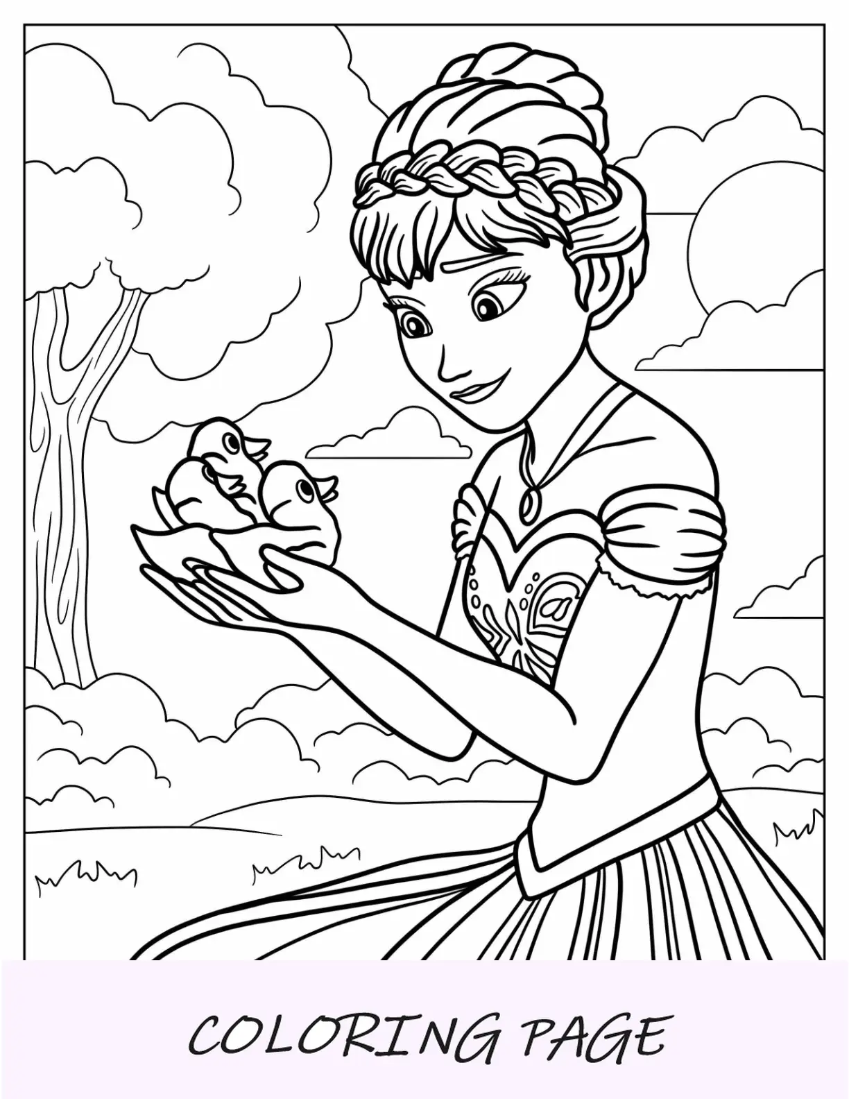 Hoja para colorear de Anna sosteniendo patitos