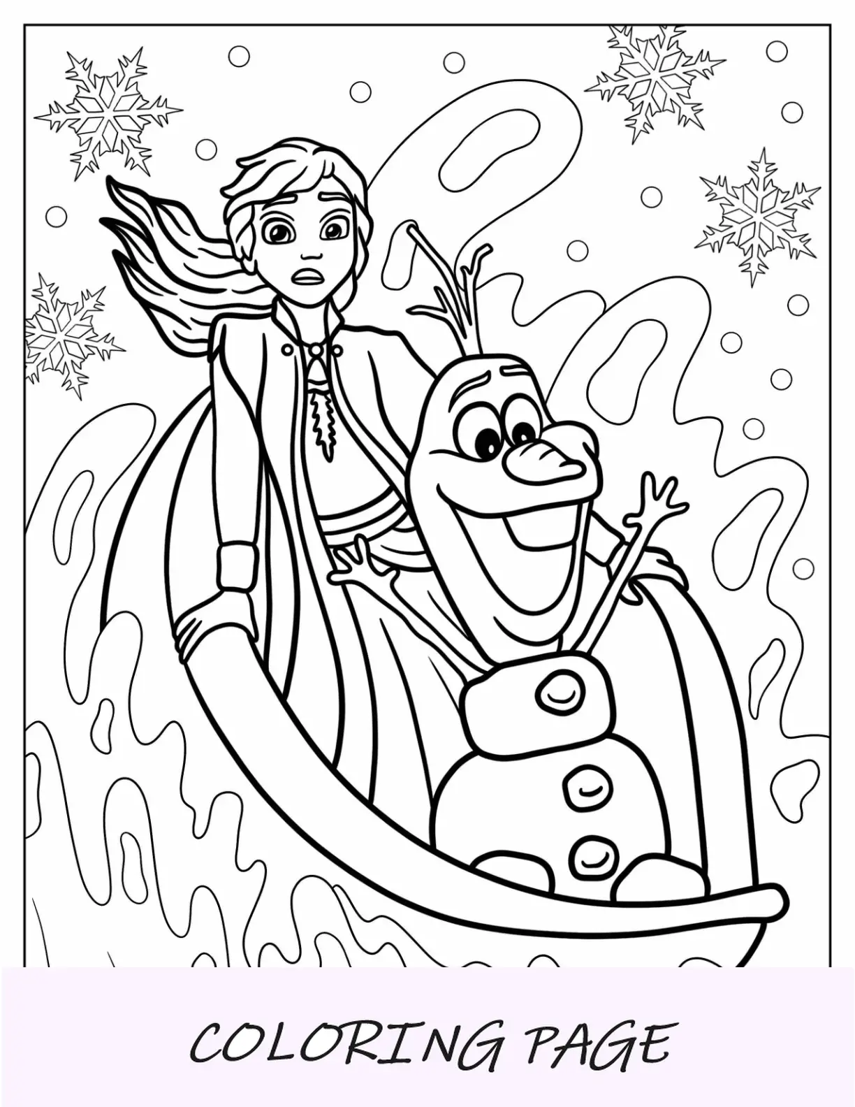 Anna y Olaf montando un barco de hielo en el agua Página para colorear