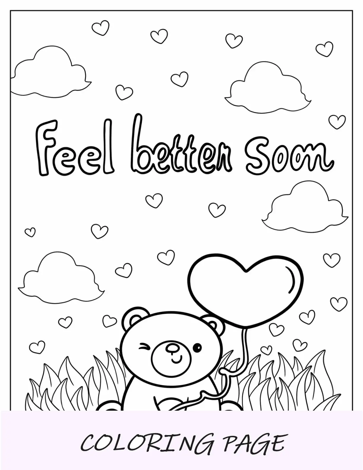 Oso guiñando un ojo con globo de corazón, que te mejores pronto, página para colorear para niños