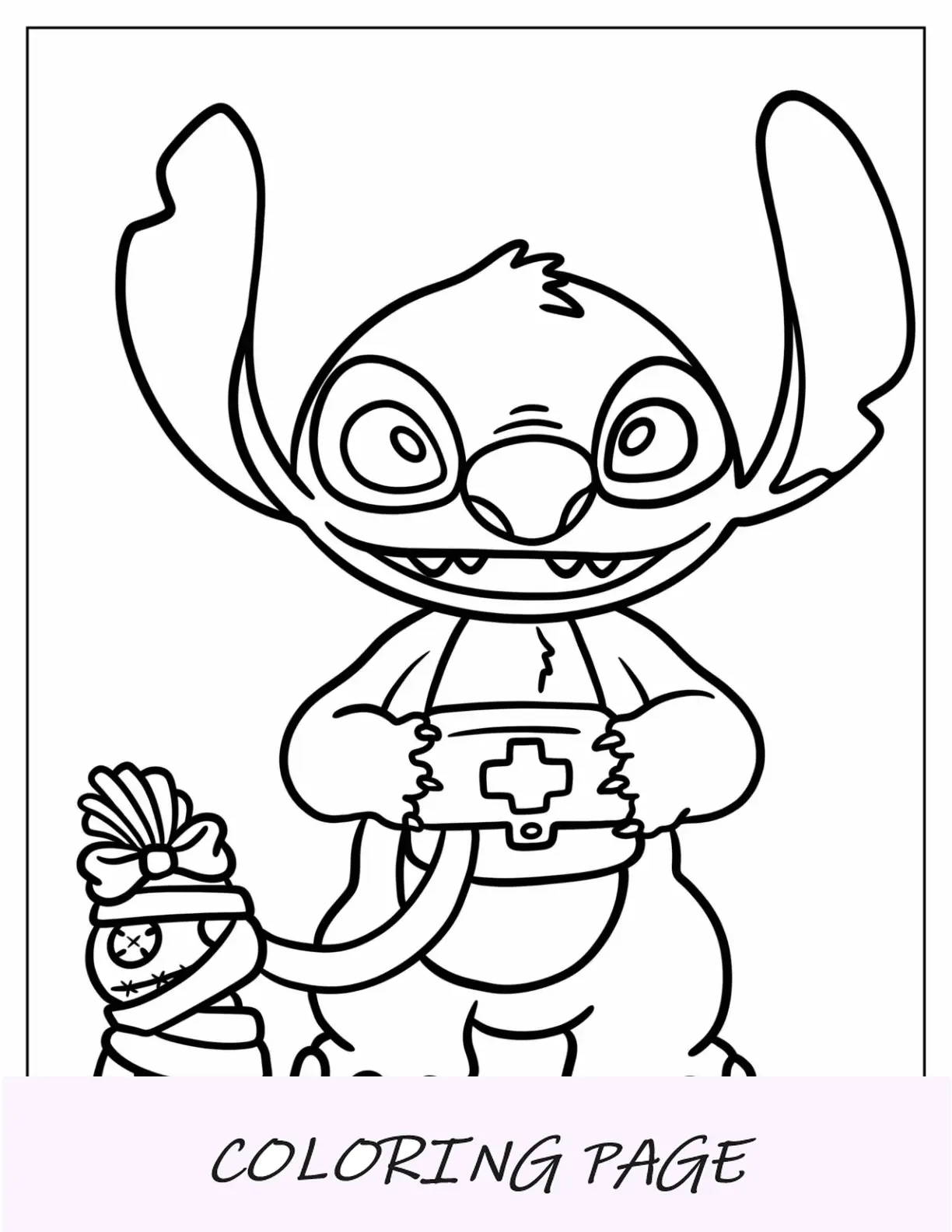 Que te mejores pronto Página para colorear de Stitch que cubre la muñeca con vendas