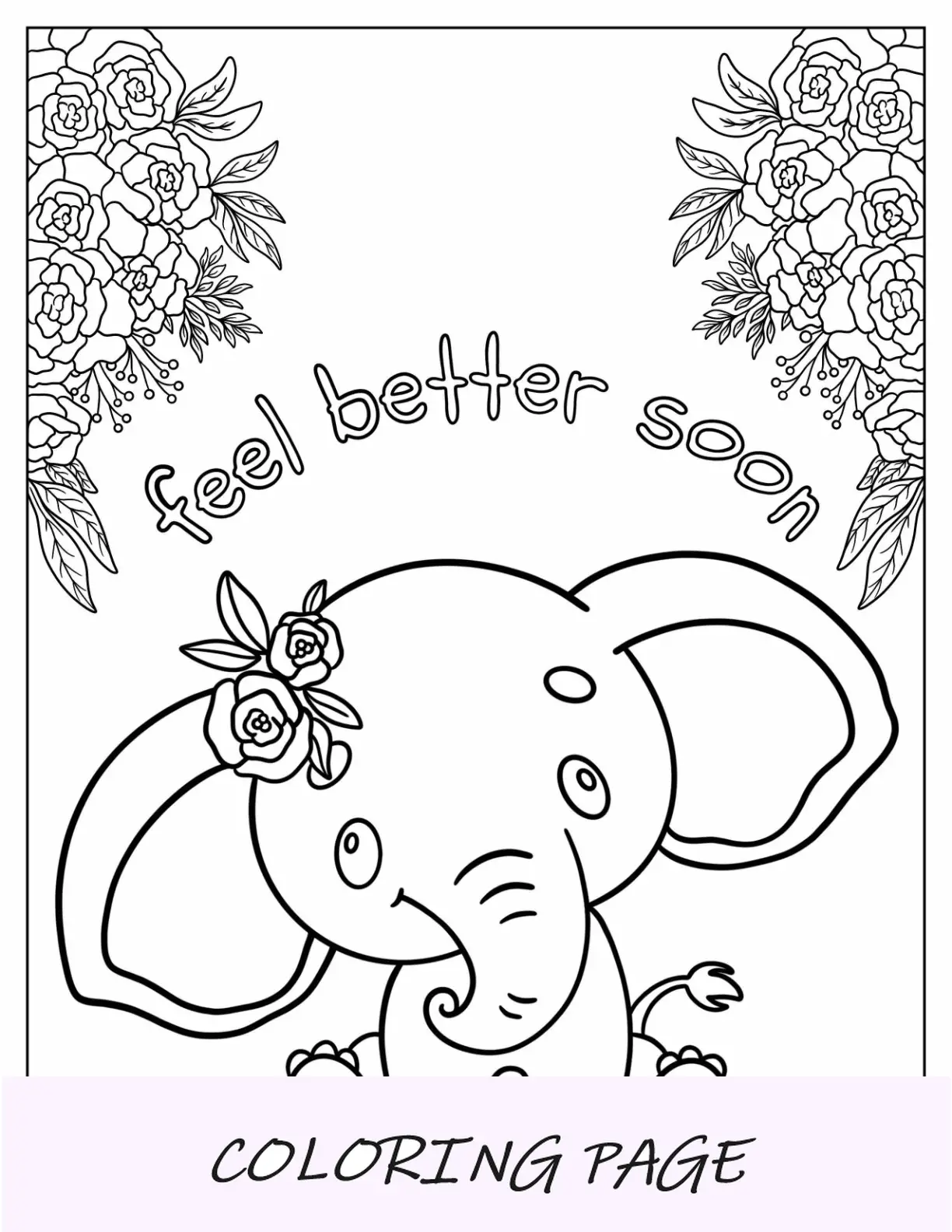 Página para colorear de elefante kawaii que se recupere pronto para niños en edad preescolar