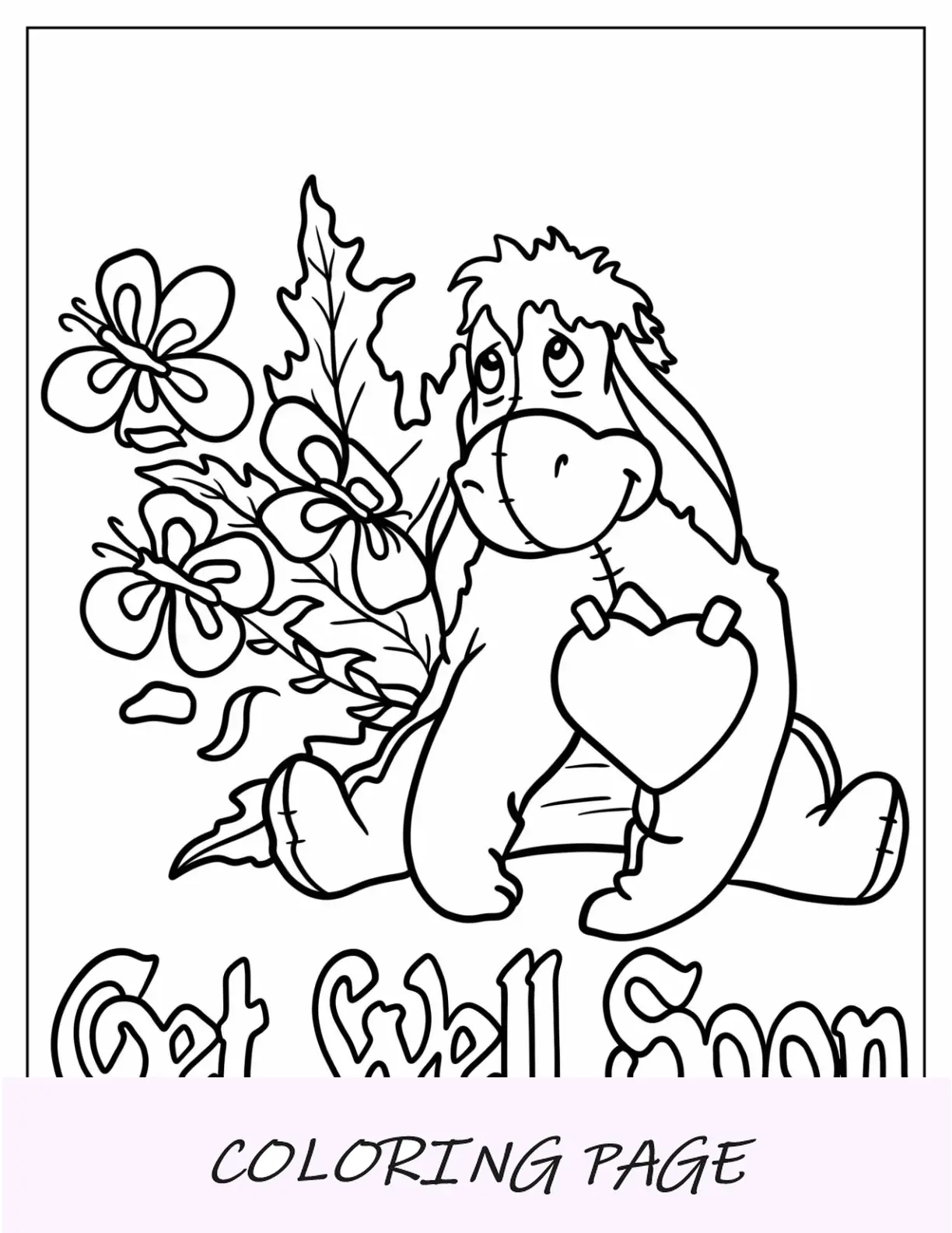 Eeyore con flores y corazón, que te mejores pronto, página para colorear