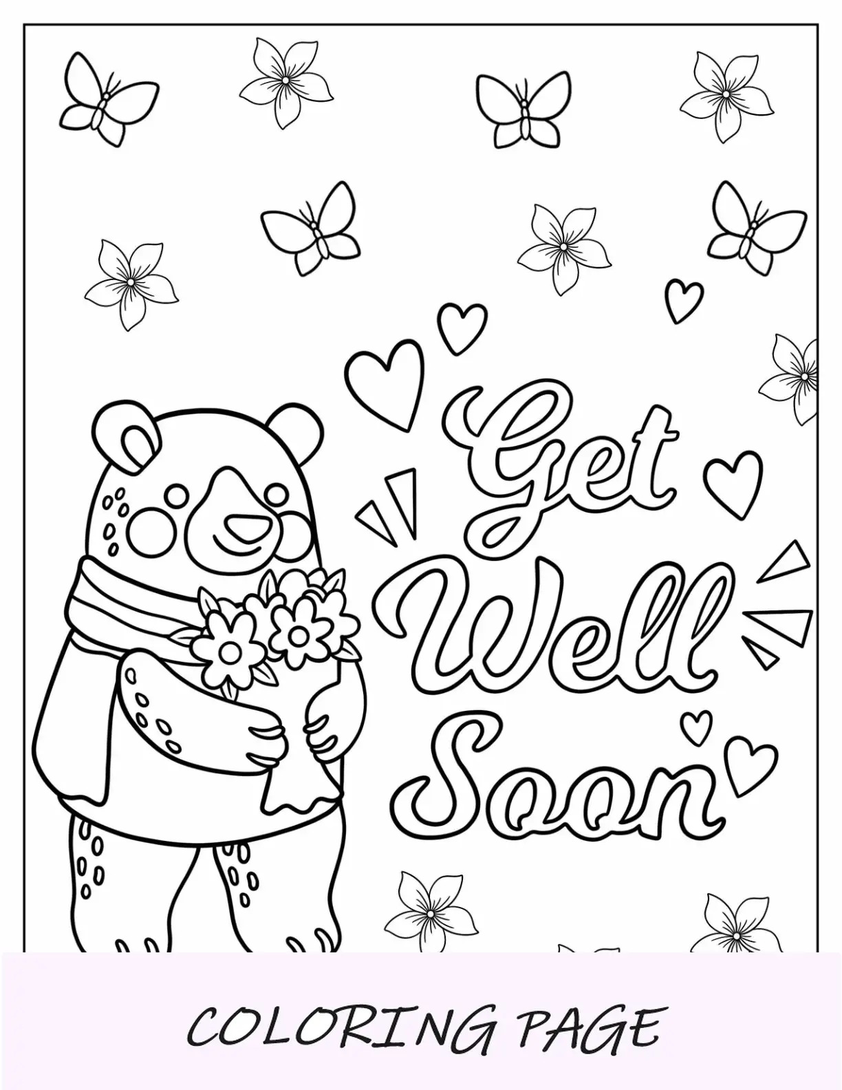 Osito De Peluche Sosteniendo Flores Con Una Página Para Colorear En Guión Que Te Mejore Pronto