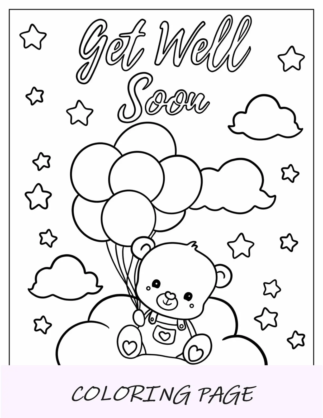 Oso con globos en las nubes, que te mejores pronto, página para colorear