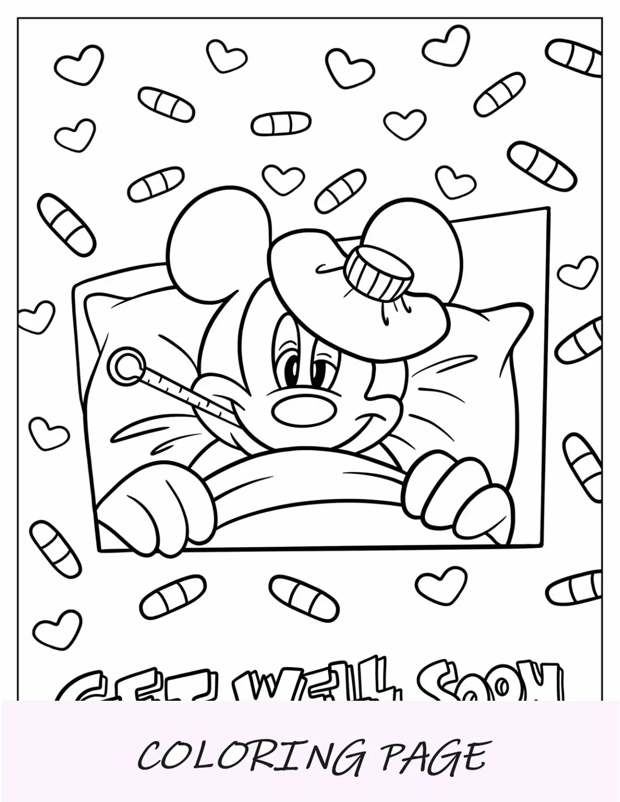 Mickey Mouse febril con bolsa de hielo y termómetro, página para colorear que te mejores pronto