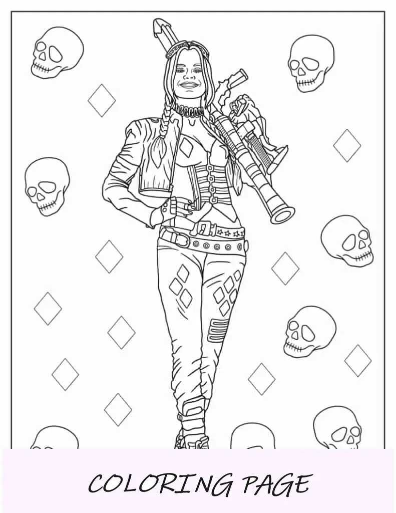 Hoja para colorear de Harley Quinn sosteniendo un arma