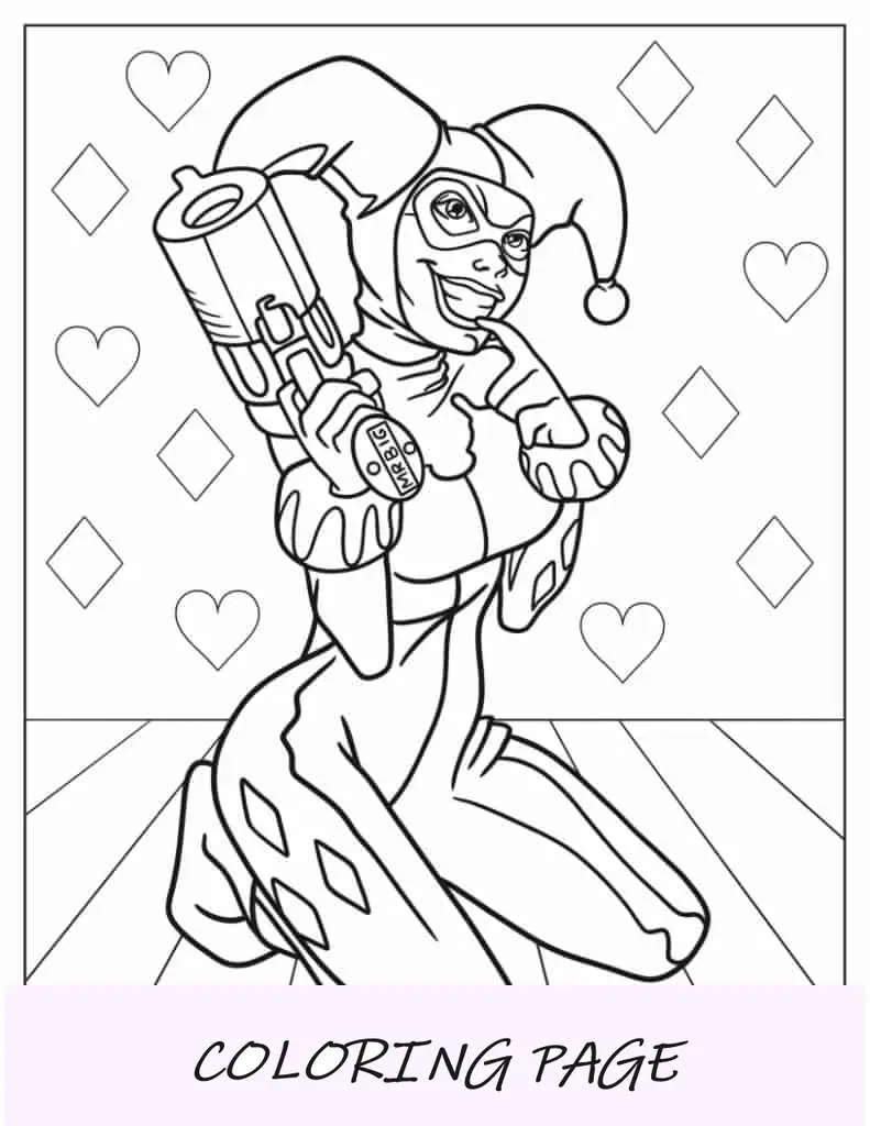 Esquema detallado de Harley Quinn disfrazada de payaso