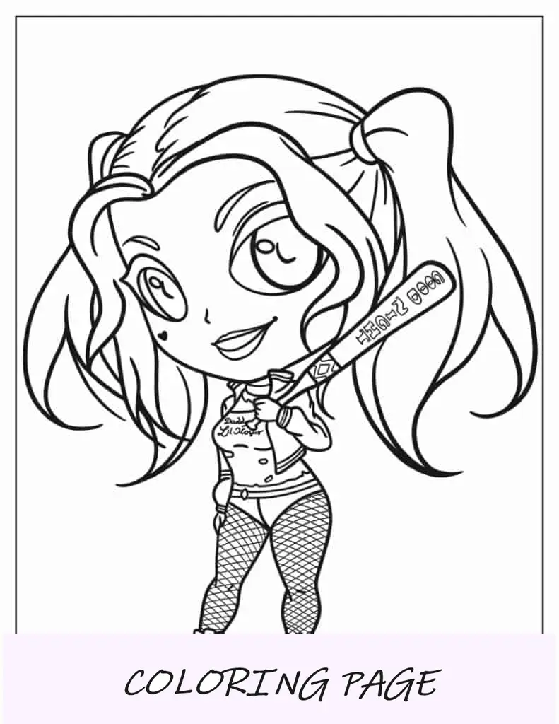 Chibi Harley Quinn para colorear para niños en edad preescolar
