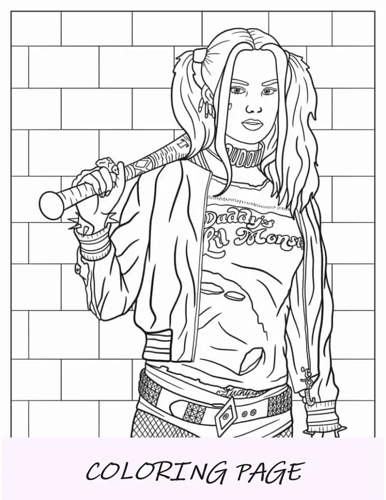 Página para colorear realista de Harley Quinn con murciélago