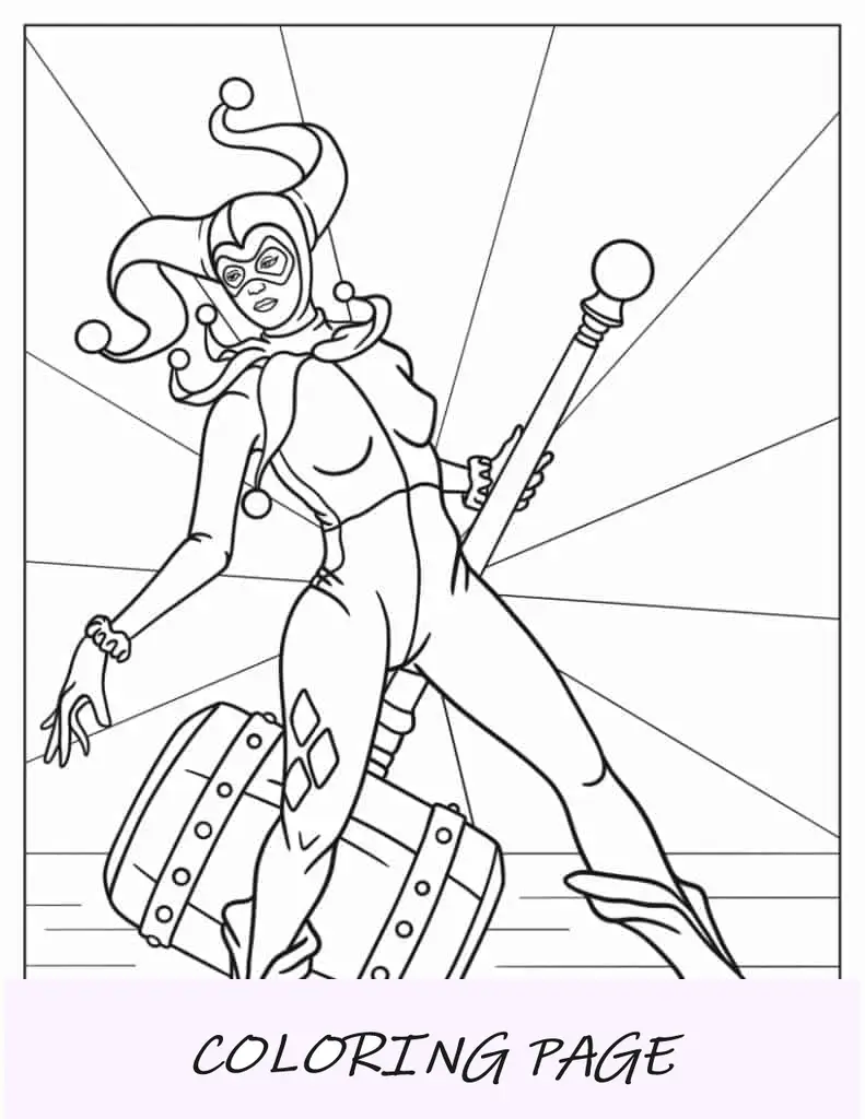 Hoja para colorear de Harley Quinn con gran mazo