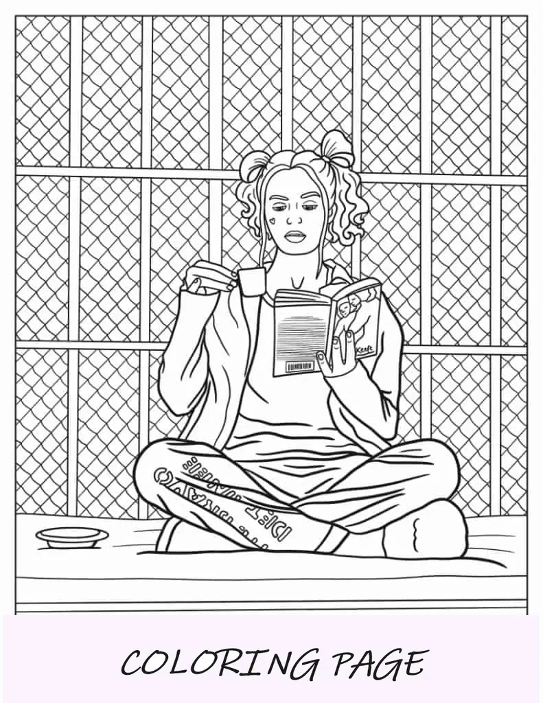 Harley Quinn leyendo y bebiendo té en prisión