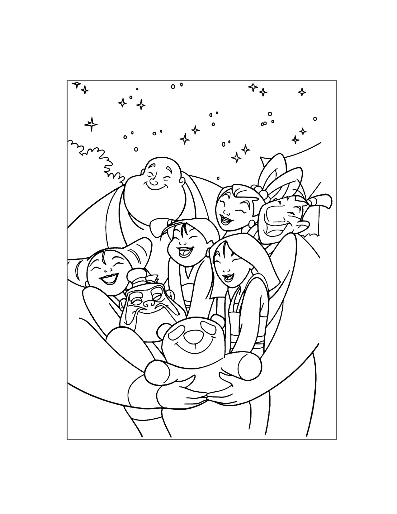 Happy Mulan Characters Coloring Page