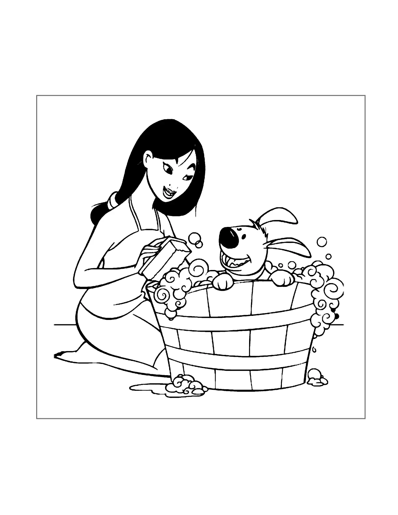 Mulan Gives Her Dog A Bath Coloring Page
