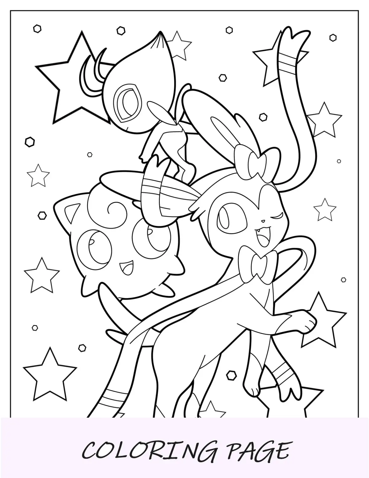 Desenho para colorir de Sylveon com Celebi e Jigglypuff