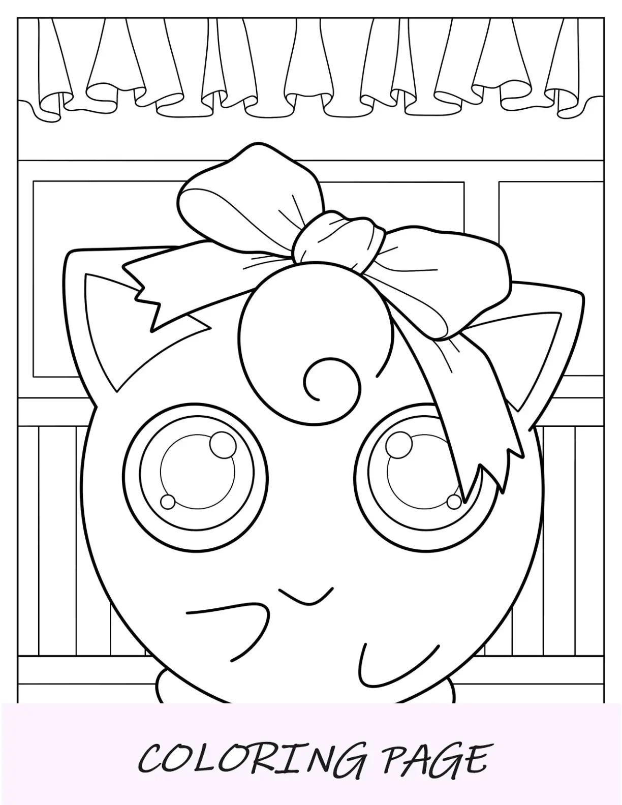 Página para colorir fácil de Jigglypuff com laço grande para crianças