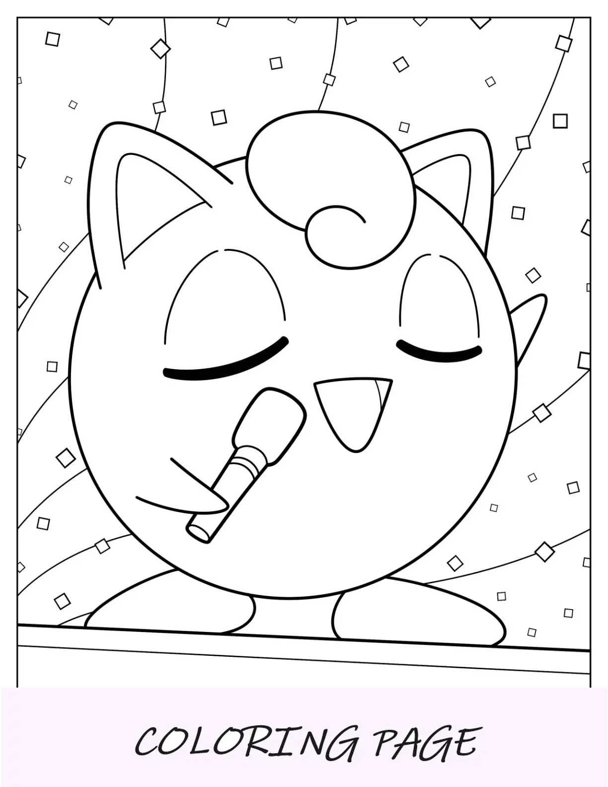 Página para colorir Kawaii Jigglypuff cantando com microfone para crianças em idade pré-escolar