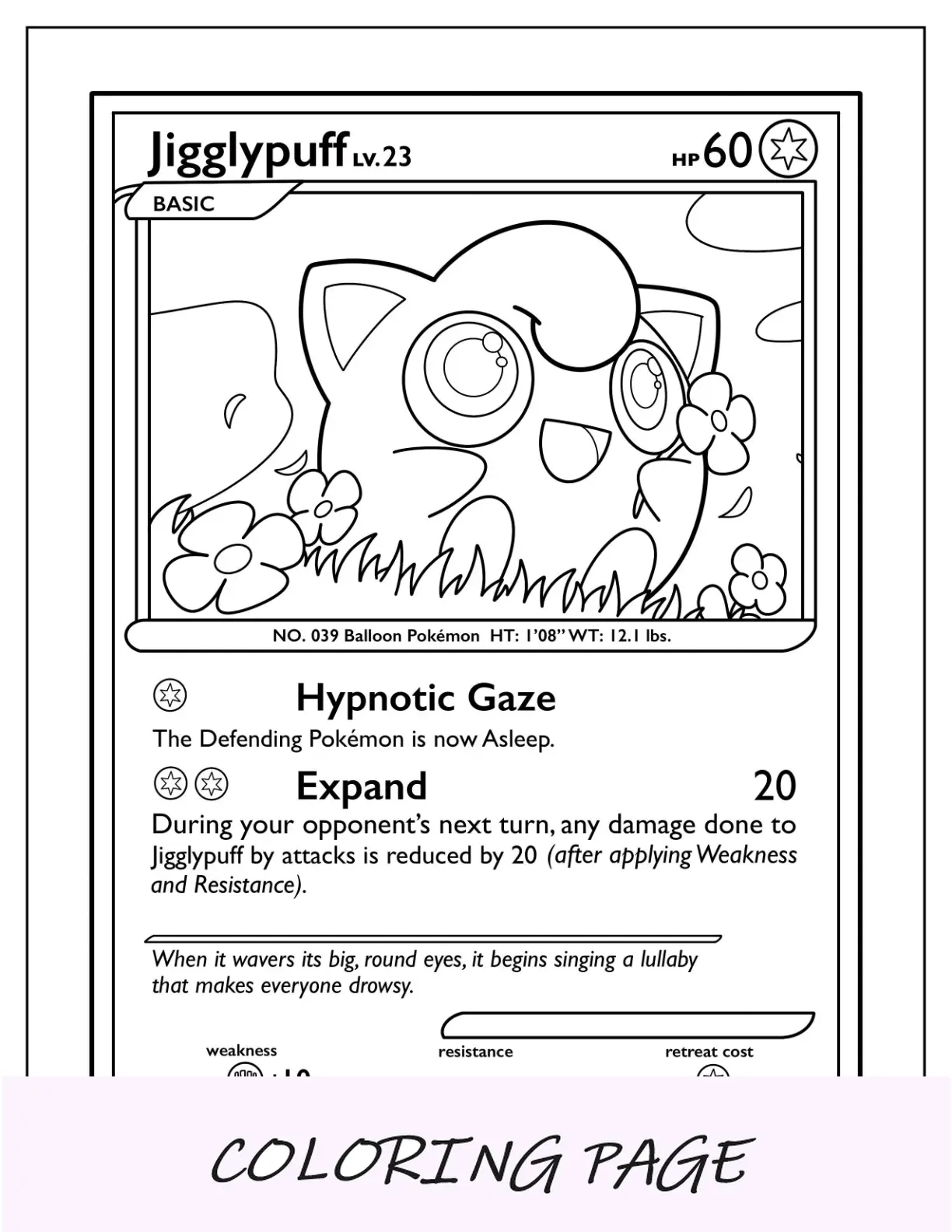 Cartão Pokémon Jigglypuff para colorir página hipnótica olhar
