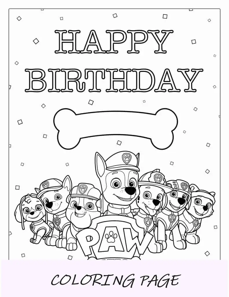Foglio da colorare di buon compleanno Paw Patrol