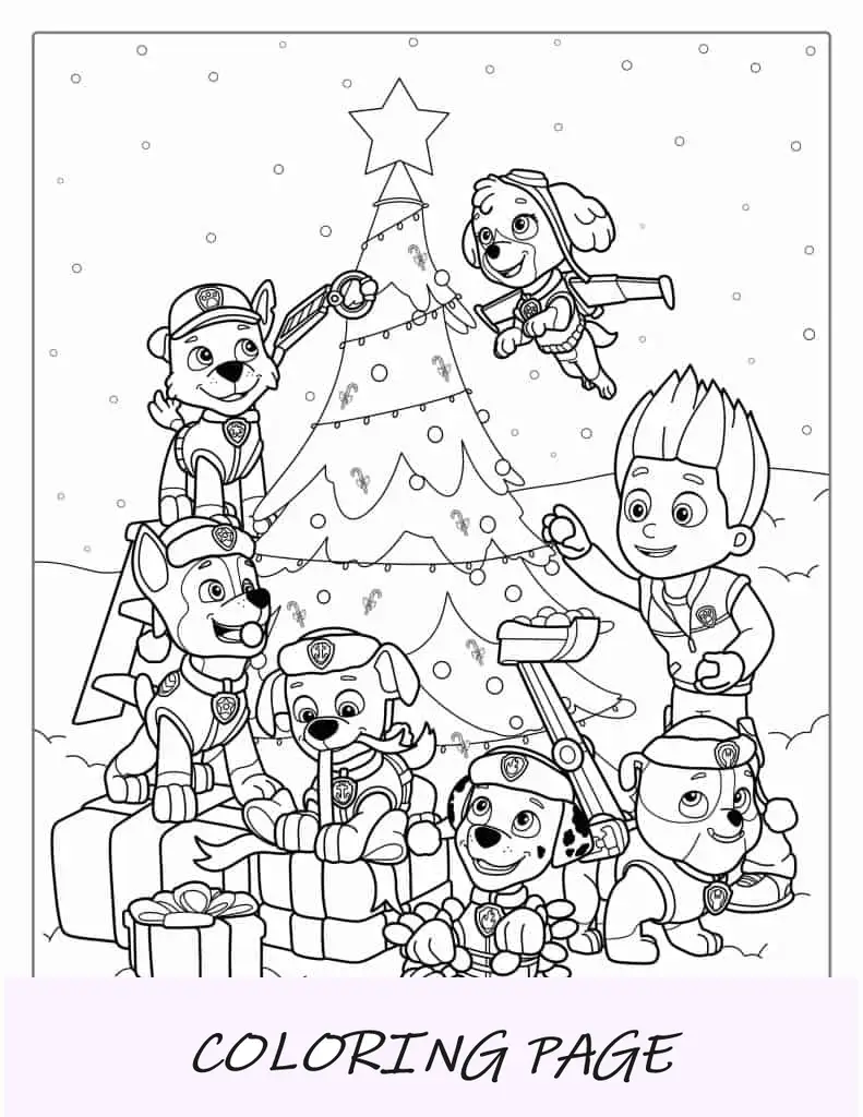 Paw Patrol Dog Intorno all'albero di Natale da colorare