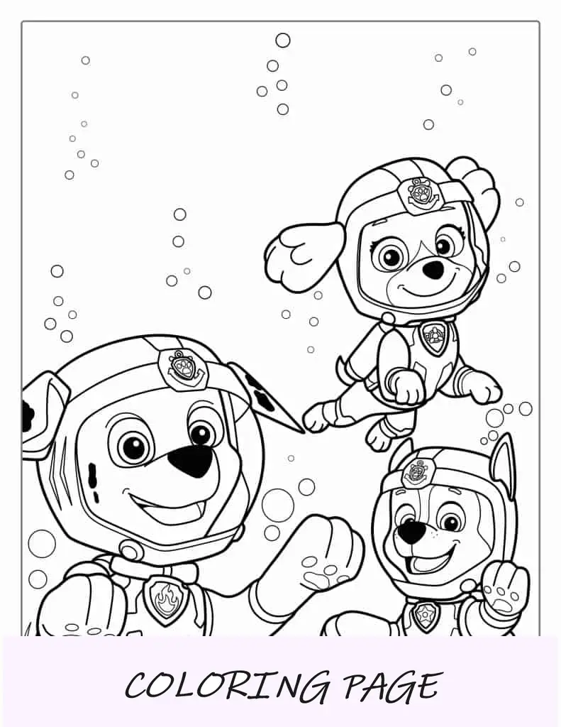 Pagina da colorare di immersioni subacquee con cani Paw Patrol