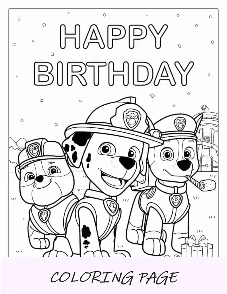 Paw Patrol Pagina da colorare di buon compleanno per le feste