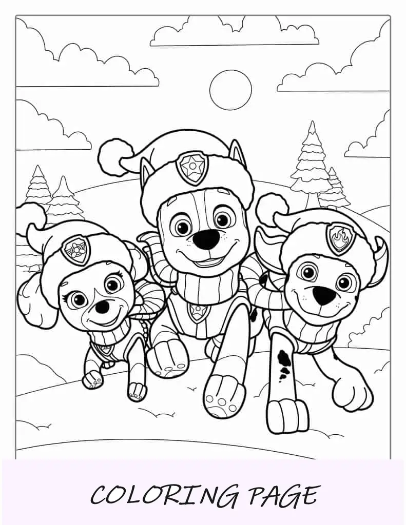 Pagina da colorare di Paw Patrol a tema natalizio
