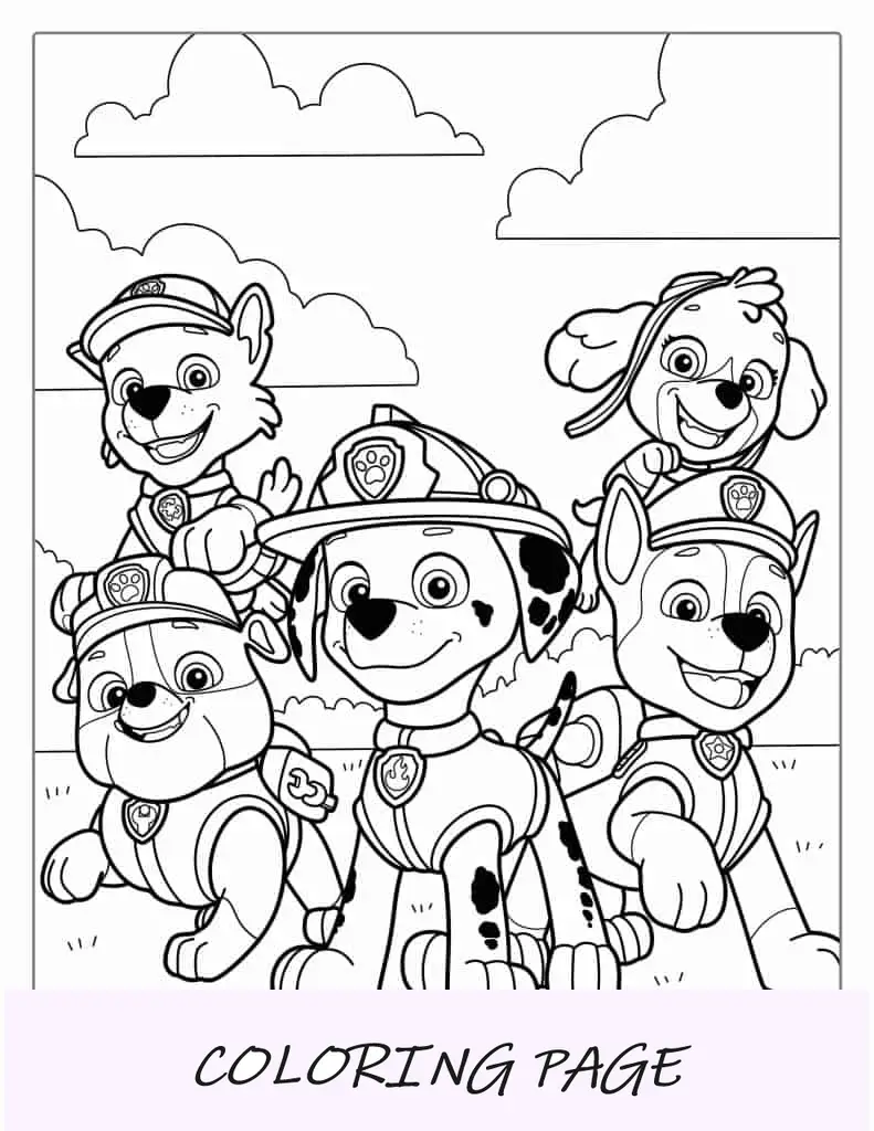 Pagina da colorare dei personaggi principali di Paw Patrol