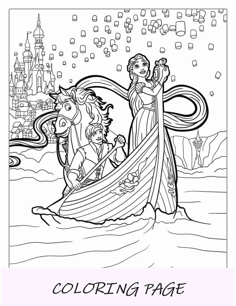 Rapunzel y Eugene en barco con faroles para colorear