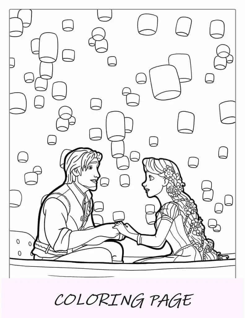 Rapunzel y Eugene con linternas para colorear