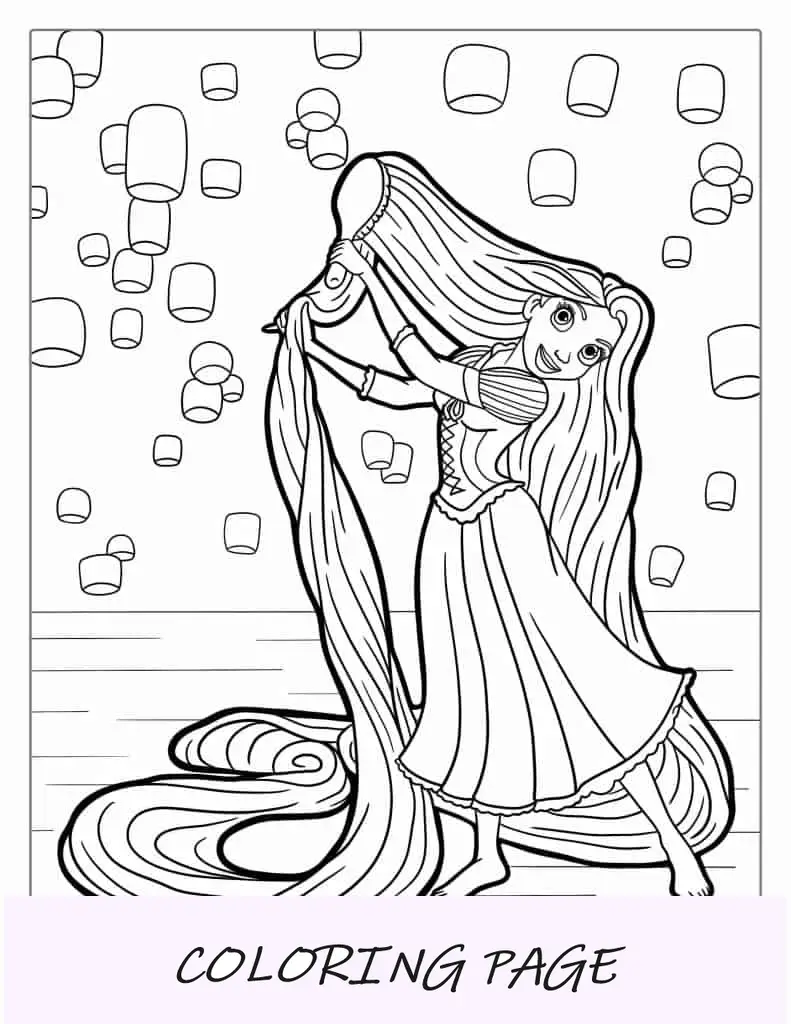 Rapunzel cepillándose el cabello con linternas al fondo