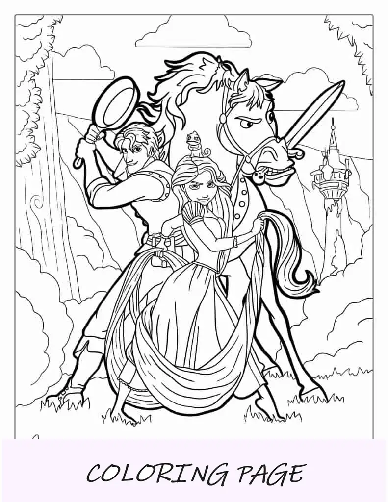 Dibujo para colorear de Maximus, Rapunzel y Eugene