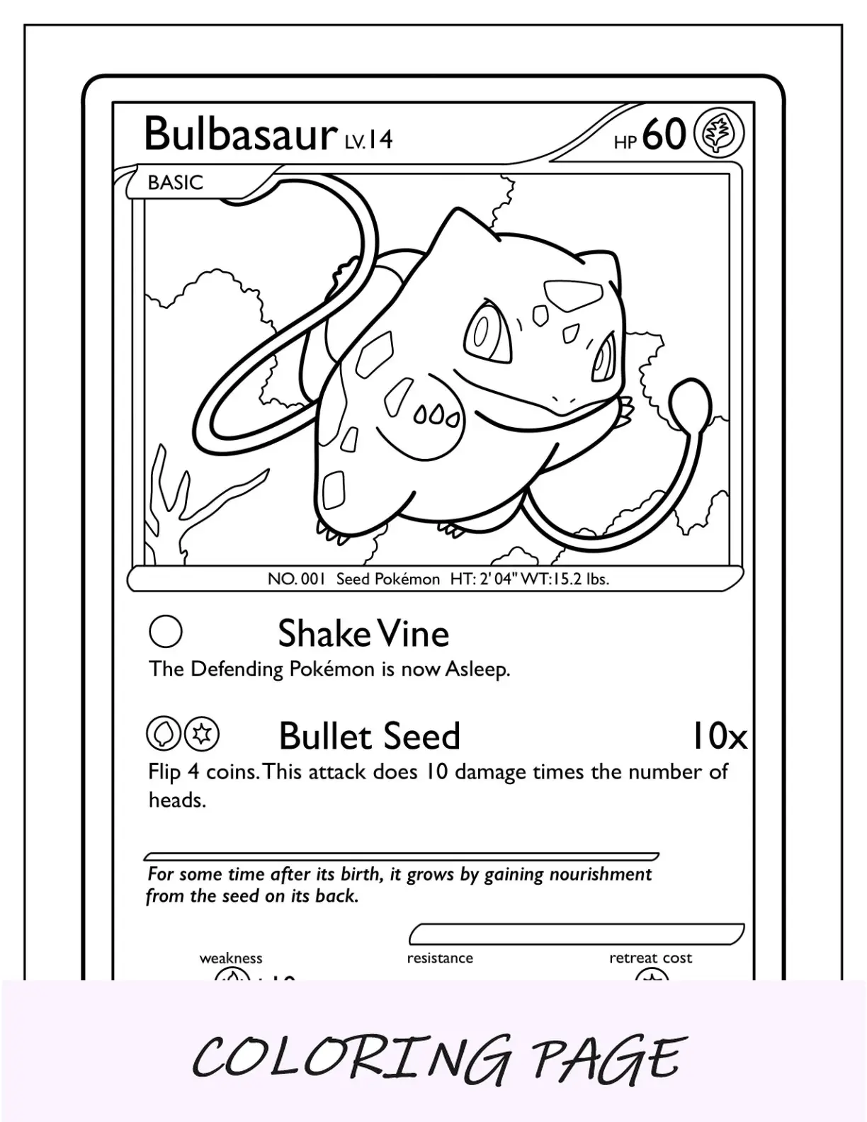 Carta Pokemon da colorare Bulbasaur