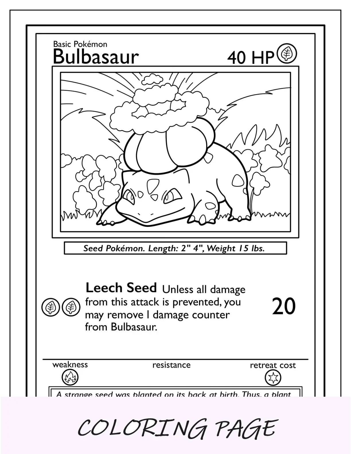 Bulbasaur da colorare Pagina Pokemon Card Attacco di semi di sanguisuga