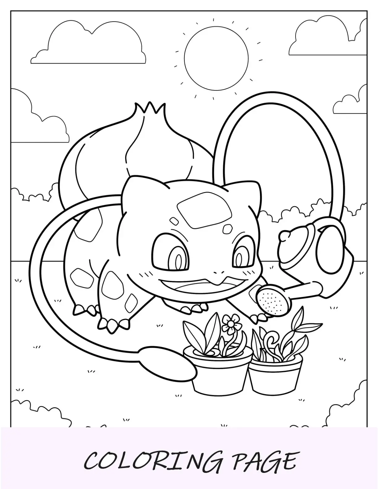 Bulbasaur da colorare pagina che innaffia i fiori