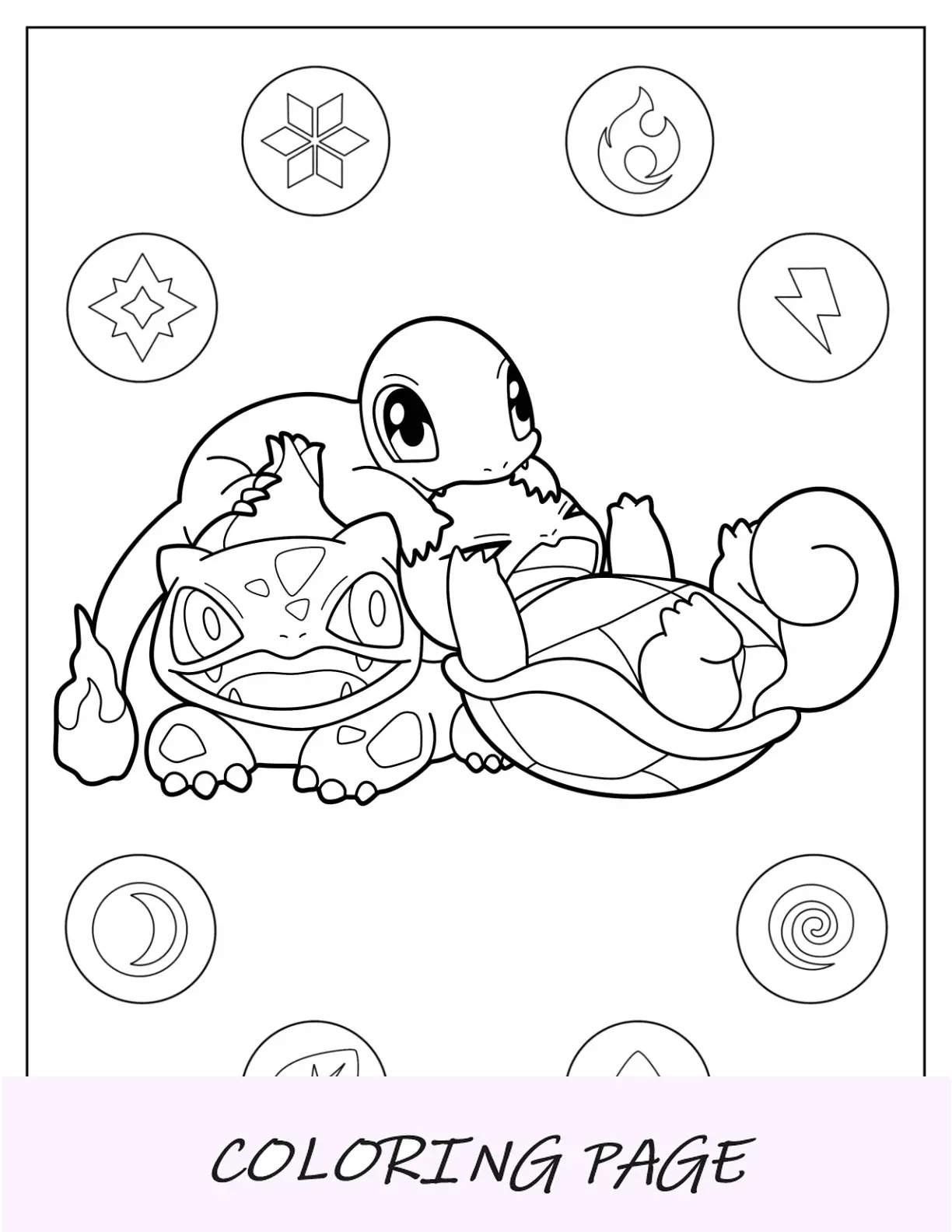 Pagina da colorare di Bulbasaur che gioca con Charmander e Squirtle