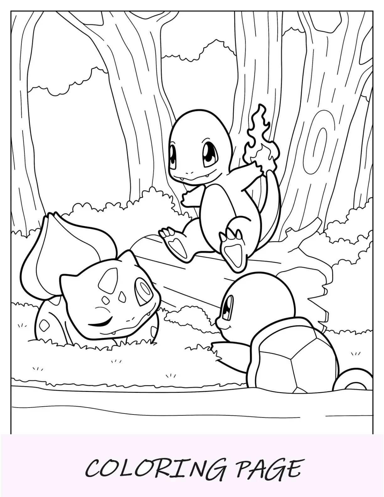 Pagina da colorare di Bulbasaur con Charmander e Squirtle nella foresta