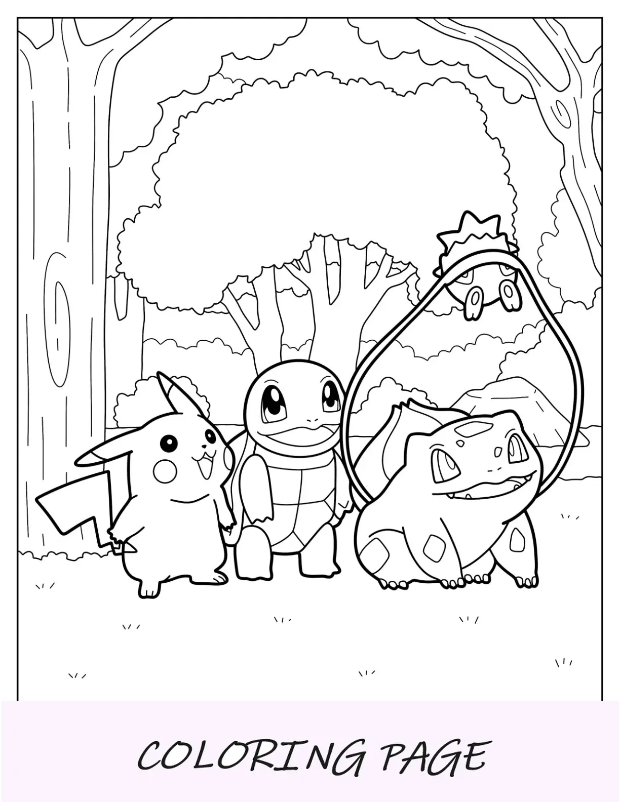 Pagina da colorare di Bulbasaur che mostra Togepi a Pikachu e Squirtle