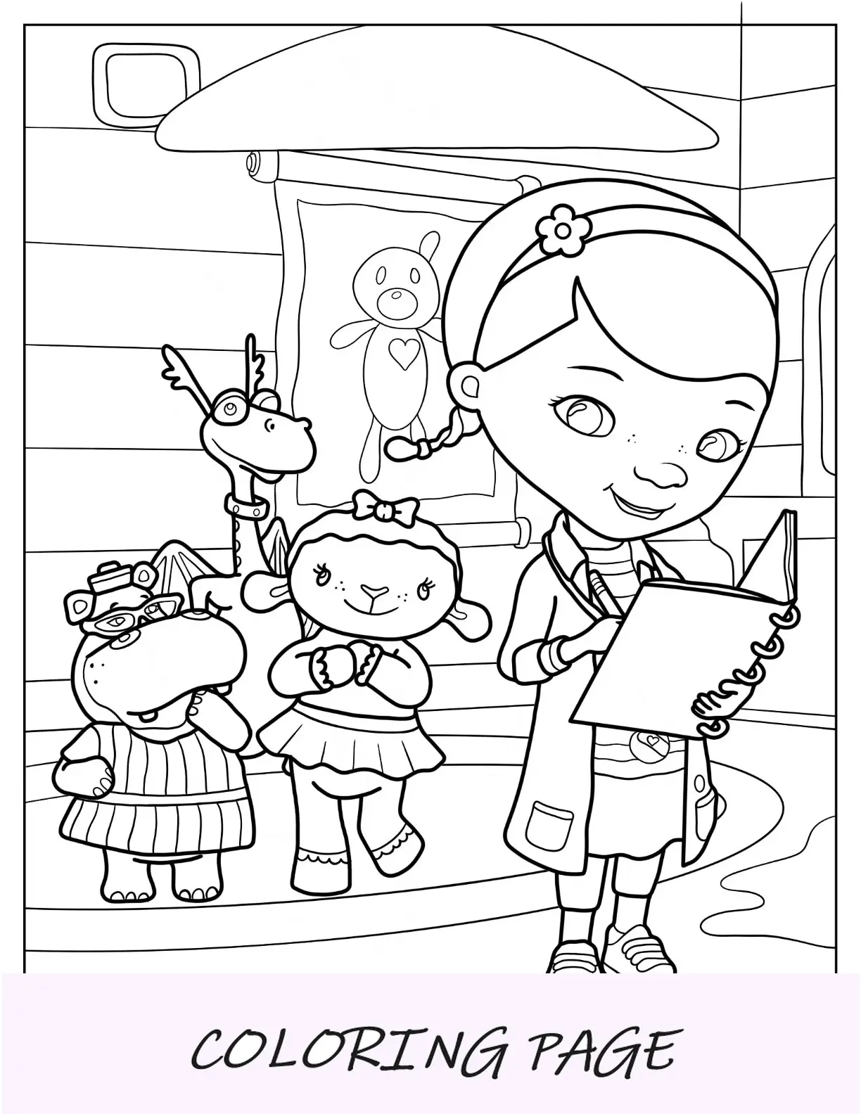 Doc McStuffins Malvorlage mit Lambie, Hallie und Stuffy im Toy Hospital