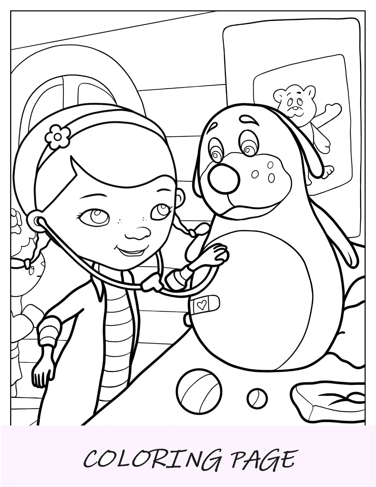 Malvorlage Doc McStuffins, der Boppys Herzschlag hört