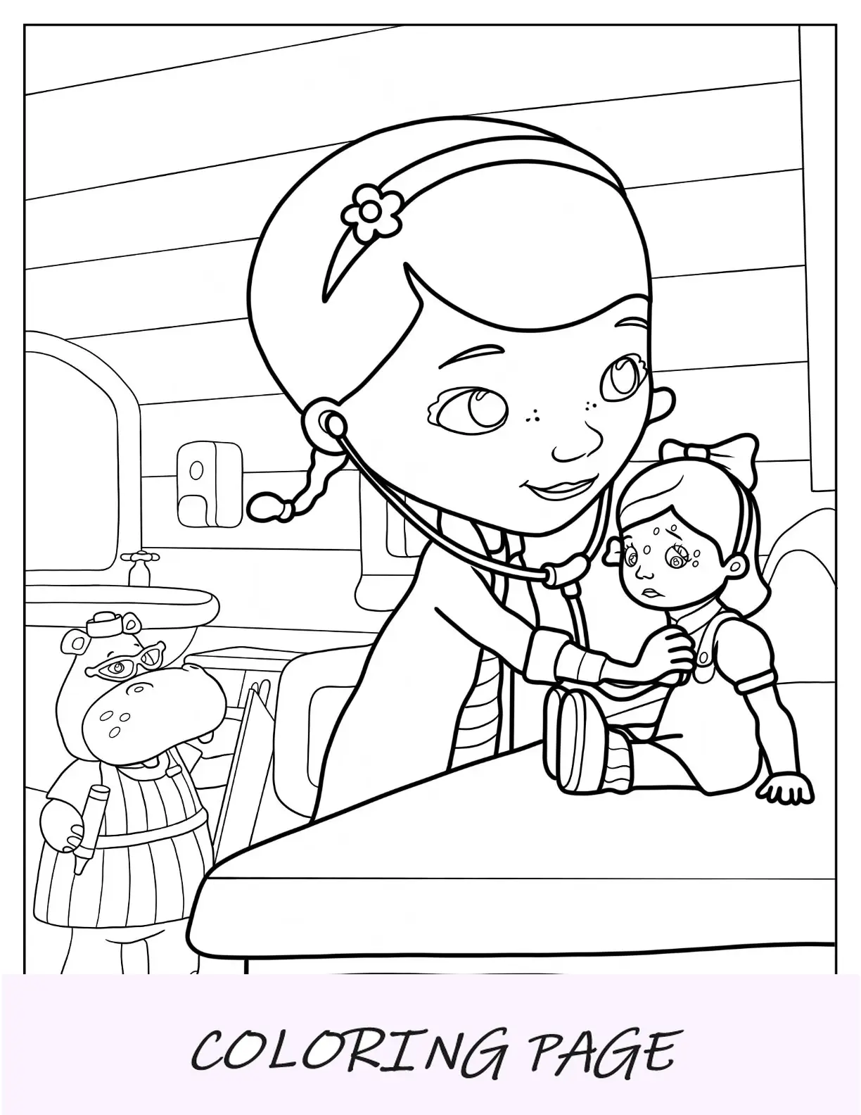 Doc McStuffins Malvorlage mit Stethoskop über Susie Sunshine