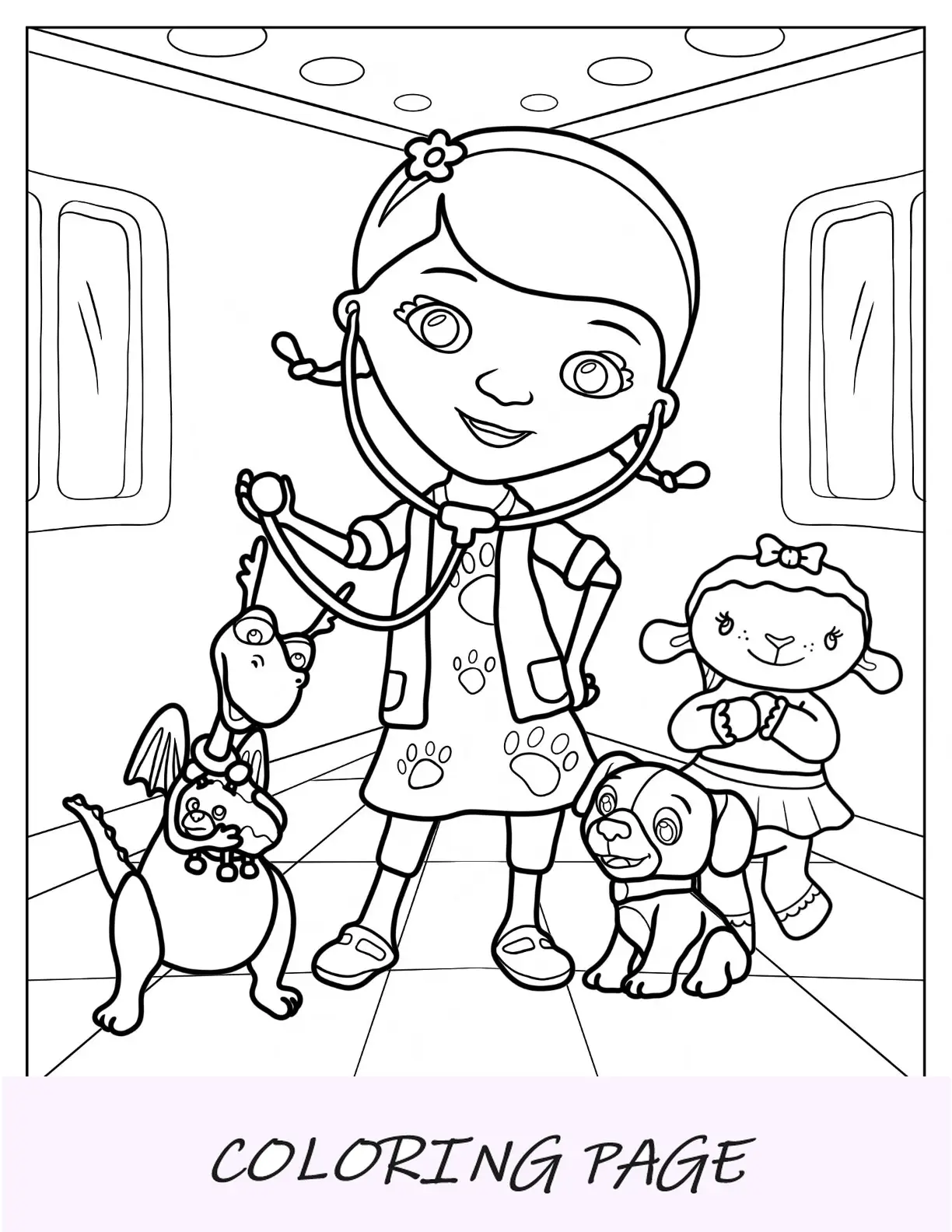 Doc McStuffins Malvorlage „Toy Hospital“ mit Stuffy, Findo und Lambie