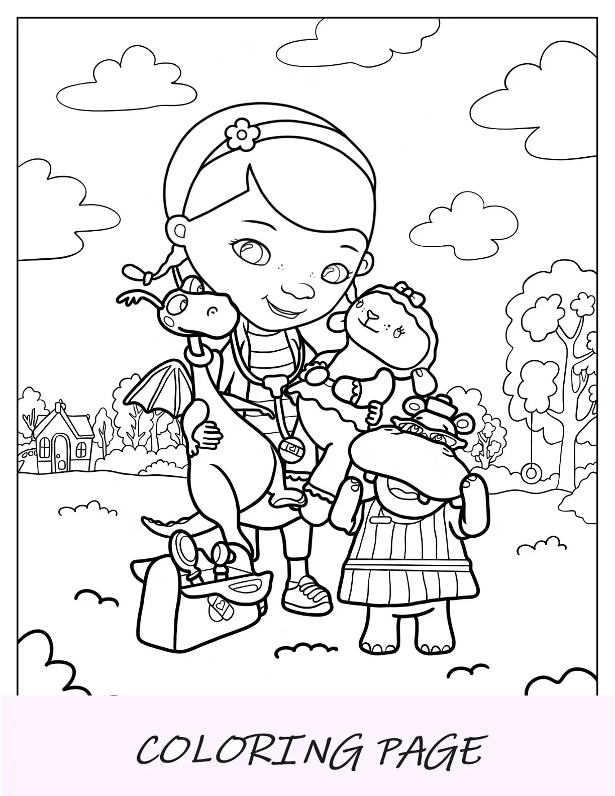 Doc McStuffins Malvorlage mit Stuffy, Lambie und Hallie