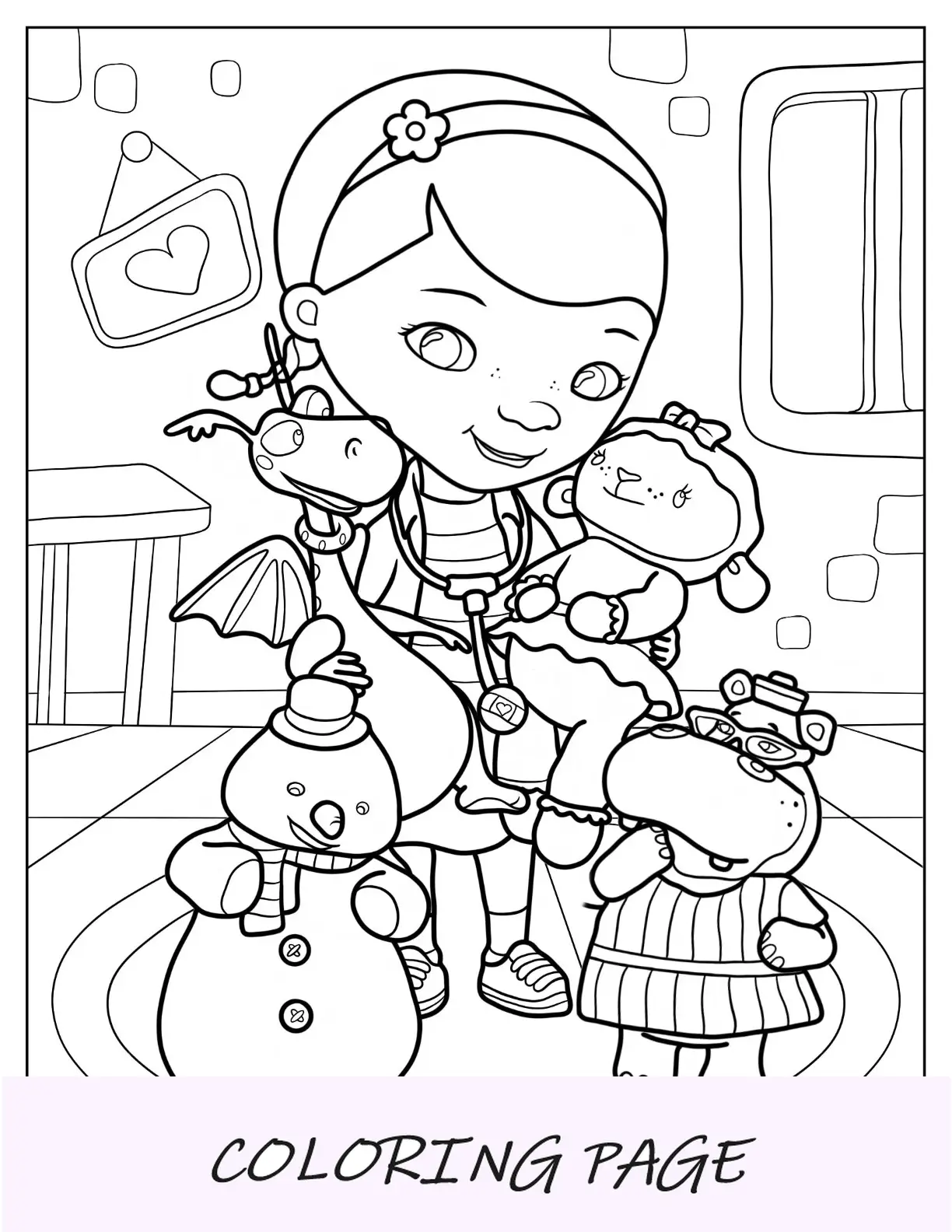 Doc McStuffins Malvorlage mit Stuffy, Lambie, Chilly und Hallie