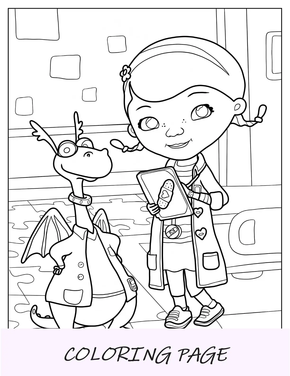 Doc McStuffins Malvorlage und Stuffy im Spielzeugkrankenhaus