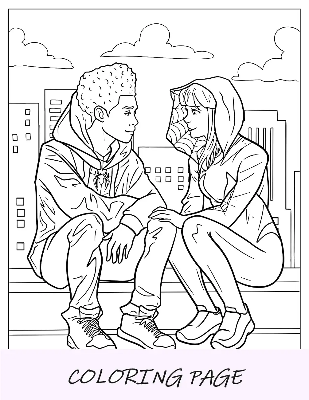 Dibujo para colorear de Miles Morales y Spider-Gwen sentados juntos en una azotea